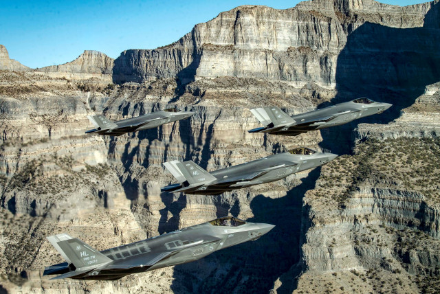 A formation of US Air Force F-35 Lightning II fighter jets perform aerial maneuvers during as part of a combat power exercise over Utah Test and Training Range, Utah, US, November 19, 2018. (credit: US AIR FORCE/STAFF SGT. CORY D. PAYNE/HANDOUT VIA REUTERS)