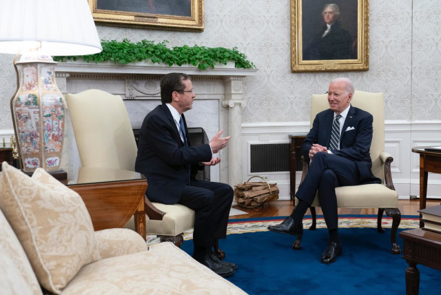  President Isaac Herzog and US counterpart Joe Biden meet in the White House on July 18, 2023 (credit: CHRIS KLEPONIS)