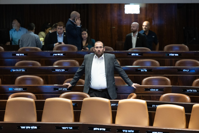 The driving force behind Israel's judicial reform legislation MK Simcha Rothman stands in the Knesset Plenum during a debate on the reasonableness standard bill, July (credit: YONATAN SINDEL/FLASH90)