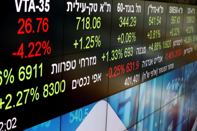  Market data is seen on part of an electronic board displayed at the Tel Aviv Stock Exchange, in Tel Aviv, Israel November 4, 2020 (credit: AMIR COHEN/REUTERS)