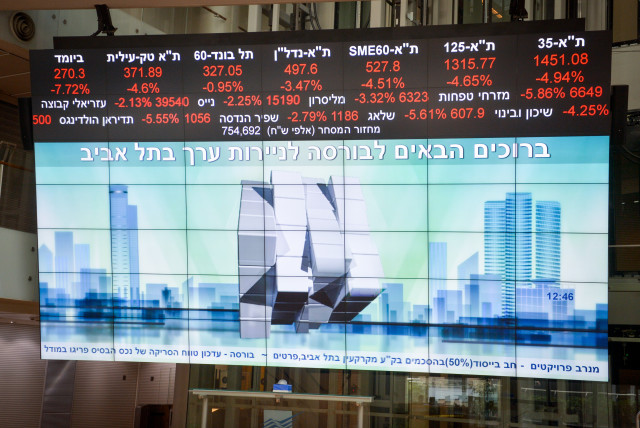  View of screens showing falling stocks at the Tel Aviv Stock Exchange, in the center of Tel Aviv, December 23, 2018. (credit: MIRIAM ALSTER/FLASH90)