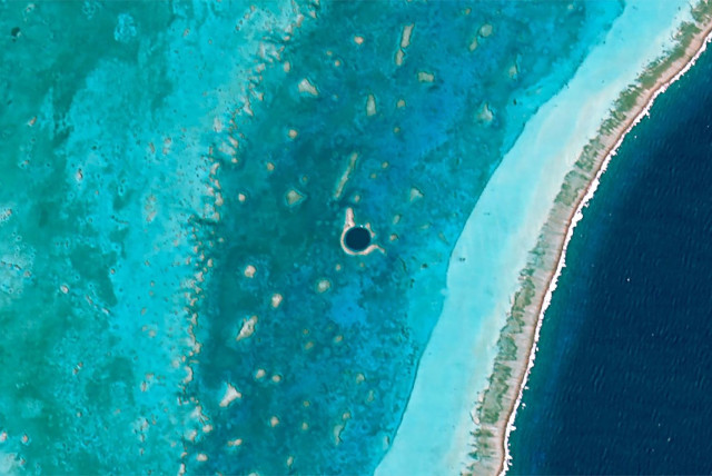 Satellite of Belize's Great Blue Hole. (credit: Wikimedia Commons)