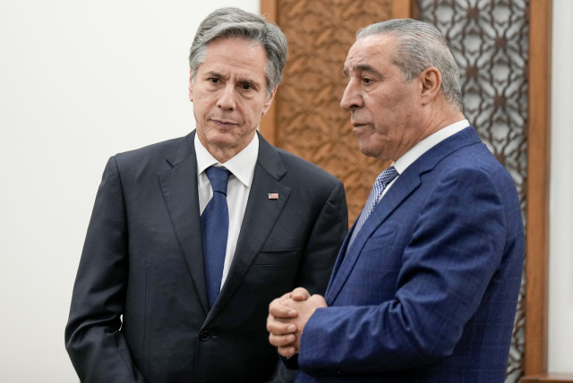 US Secretary of State Antony Blinken meets with Secretary General of the Executive Committee of the Palestine Liberation Organization (PLO) Hussein al-Sheikh in Ramallah in the West Bank January 31, 2023. (credit: MAJDI MOHAMMED/POOL VIA REUTERS)