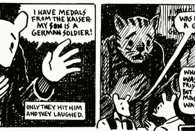  Two panels from Maus, showing Art Spiegelman's difficulty in presenting characters' races as animals when the race of the character cannot be determined. In these panels, a character who is accused of being a Jew claims to be a German. (credit: WIKIPEDIA)