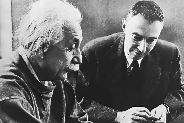  Scientists J. Robert Oppenheimer and Albert Einstein are seen together in this photo. The two worked on the Manhattan Project and ultimately developed the world's first nuclear weapons. (credit: Wikimedia Commons)