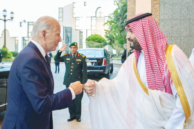  SAUDI CROWN Prince Mohammed bin Salman and US President Joe Biden fist bump upon the latter’s arrival at Al Salman Palace, in Jeddah, last year.  (credit: Saudi Royal Court/Reuters)