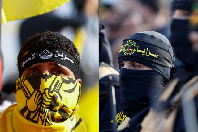  A Palestinian attends a rally marking the 58th anniversary of Fatah, in Gaza City in 2022 (left) and a Palestinian Islamic Jihad supporter at a rally in Gaza commemorating members of the group killed in Operation Shield and Arrow in 2023. (right) (photo credit: IBRAHEEM ABU MUSTAFA/REUTERS, MOHAMMED SALEM/REUTERS)