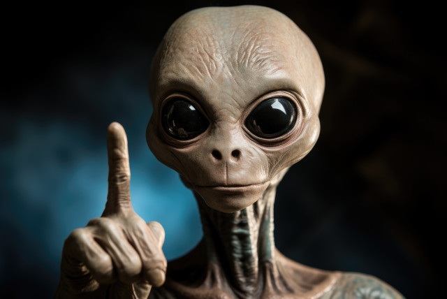  An alien with grey skin and large black eyes raises a finger. (credit: INGIMAGE)