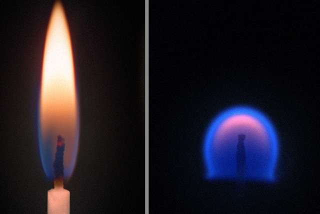  A side-by-side comparison with how a lit candle burns in regular gravity (L) versus in microgravity, such as in space. (credit: NASA)