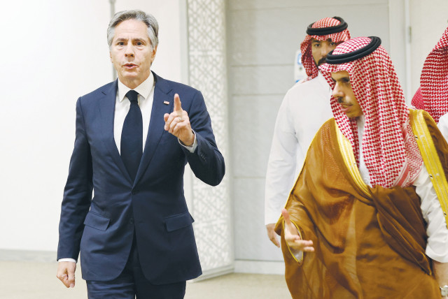  US SECRETARY of State Antony Blinken walks with Saudi Arabia’s Foreign Minister Prince Faisal bin Farhan during a visit to Riyadh, in June.  (credit: Ahmed Yosri/Reuters)