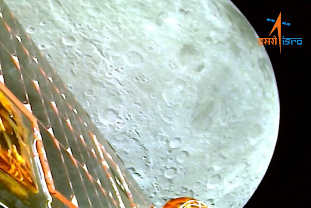 A view of the moon as viewed by the Chandrayaan-3 lander during Lunar Orbit Insertion on August 5, 2023 in this screengrab from a video released August 6, 2023. (credit: ISRO/Handout via REUTER)