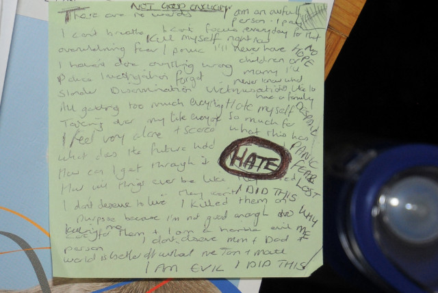 Cheshire Police undated handout picture showing a handwritten note by neonatal nurse Lucy Letby, who was on trial at Manchester Crown Court charged with the murder of seven babies, in Manchester, Britain, obtained by Reuters on July 25, 2023. (credit: Cheshire Constabulary/Handout via REUTERS)