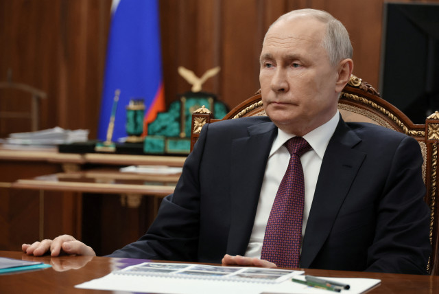  Russian President Vladimir Putin attends a meeting with Denis Pushilin, Moscow-installed acting leader of the Russian-controlled parts of Ukraine's Donetsk region, in Moscow, Russia August 24, 2023. (credit: SPUTNIK/MIKHAIL KLIMENTYEV/KREMLIN VIA REUTERS)