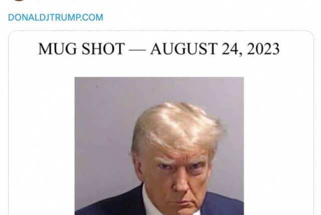  A post by former US President Donald Trump of his police booking mugshot, after a Grand Jury brought back indictments against him and 18 of his allies in their attempt to overturn Georgia's 2020 election results, August 24, 2023 is seen in this screenshot. (credit: @realDonaldTrump via X)
