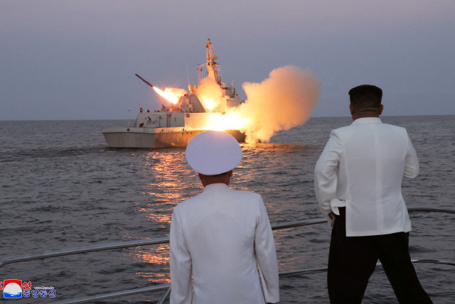  North Korean leader Kim Jong Un oversees a strategic cruise missile test aboard a navy warship in this undated photo released by North Korea's Korean Central News Agency (KCNA) on August 21, 2023.  (credit: KCNA VIA REUTERS)