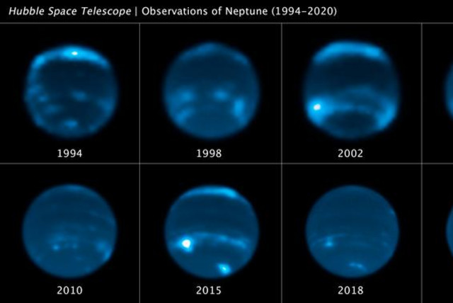 This sequence of Hubble Space Telescope images chronicles the waxing and waning of the amount of cloud cover on Neptune. This long set of observations shows that the number of clouds grows increasingly following a peak in the solar cycle – where the Sun's level of activity rhythmically rises and fal (credit: Credits: NASA, ESA, Erandi Chavez (UC Berkeley), Imke de Pater (UC Berkeley))