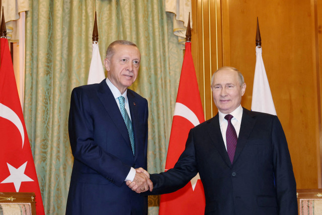  Russian President Vladimir Putin meets with Turkish President Tayyip Erdogan in Sochi, Russia, September 4, 2023. (credit: MURAT CETINMUHURDAR/PPO/HANDOUT VIA REUTERS)