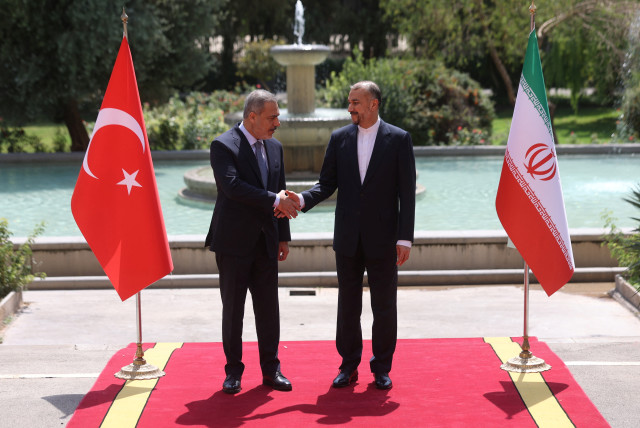  Iran's Foreign Minister Hossein Amir-Abdollahian meets with Turkish Foreign Minister Hakan Fidan, in Tehran, Iran September 3, 2023. (credit: Majid Asgaripour/WANA/via Reuters)