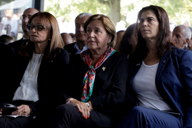 Yael Arad (right) attends a ceremony commemorating the 50th anniversary of the attack on the Israeli team at the 1972 near the Olympic village in Munich, Germany, September 5, 2022. (credit: REUTERS/LEONHARD FOEGER)