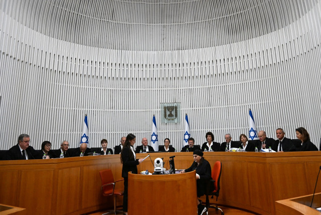  President of the Supreme Court of Israel Esther Hayut and all fifteen justices assemble to hear petitions against the reasonableness standard law in the High Court in Jerusalem, on Tuesday, September 12, 2023.  (credit: DEBBIE HILL/Pool via REUTERS)