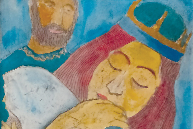  Hand-colored etching of Hagar, baby Ishmael and Abraham. (photo credit: MORDECHAI BECK)