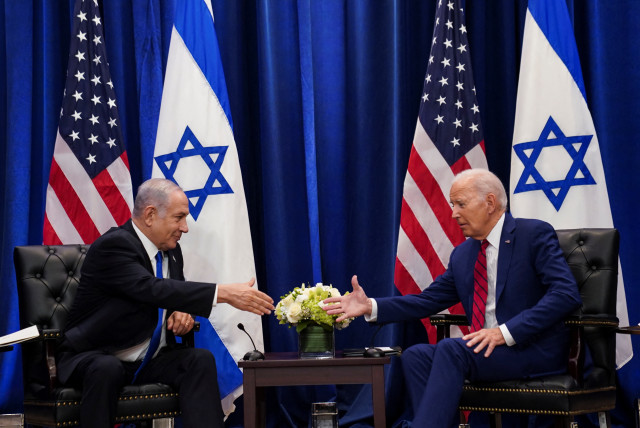 US President Joe Biden holds a bilateral meeting with Israeli Prime Minister Benjamin Netanyahu on the sidelines of the 78th UN General Assembly in New York City, US, September 20, 2023.  (credit: KEVIN LAMARQUE/REUTERS)