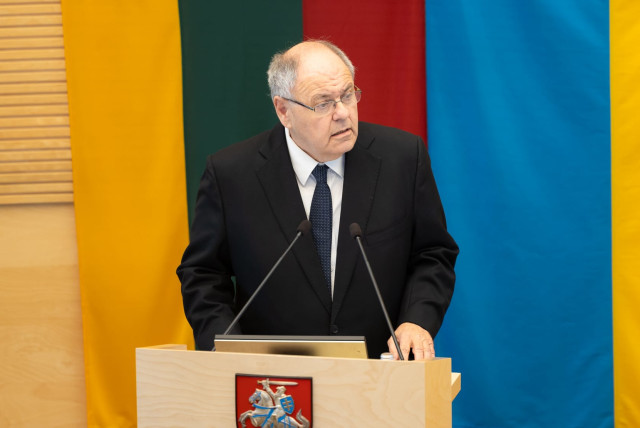  Yad Vashem Chairman Dani Dayan speaking at the Lithuanian parliament, September 21, 2023. (credit: Olga Posaškova)