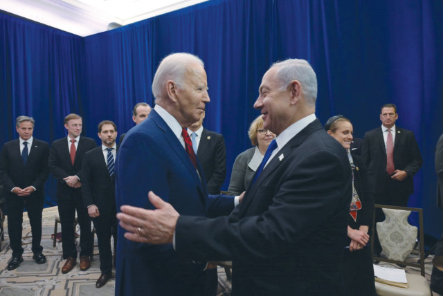  CLOSE ENCOUNTER between US President Joe Biden and Prime Minister Benjamin Netanyahu. (photo credit: Avi Ohayon/GPO)