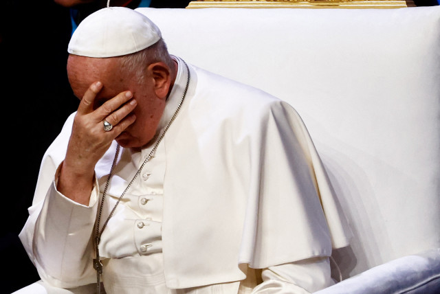  Pope Francis reacts as he attends a meeting at Palais du Pharo, on the occasion of the Mediterranean Meetings (MED 2023), in Marseille, France, September 23, 2023. (credit: REUTERS/YARA NARDI)