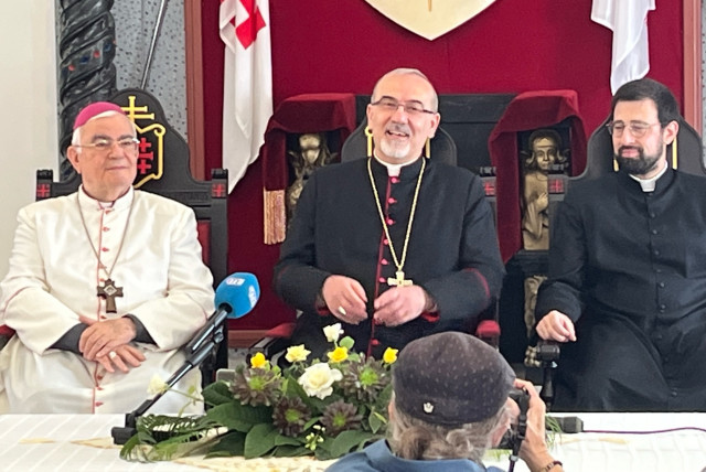  Cardinal-elect Pierbattista Pizzaballa (center) at a press conference at the Latin Patriarchate in Jerusalem,  Sept. 21, 2023. (credit: Nicole Jansezian/The Media Line)