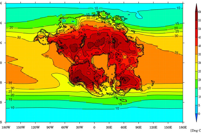  Image shows the warmest month average temperature (degrees Celsius) for Earth and the projected supercontinent (Pangea Ultima) in 250 million years, when it would be difficult for almost any mammals to survive. (credit: University of Bristol)