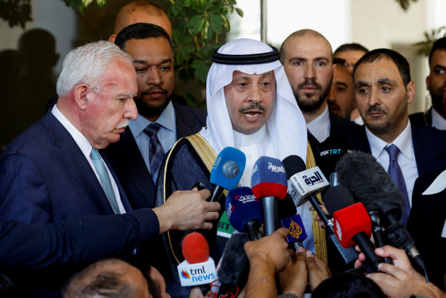  Saudi ambassador Nayef al-Sudairi addresses the media as Palestinian Foreign Minister Riyad al-Maliki stands next to him, in Ramallah in the West Bank September 26, 2023.  (credit: REUTERS/Mohammed Torokman)