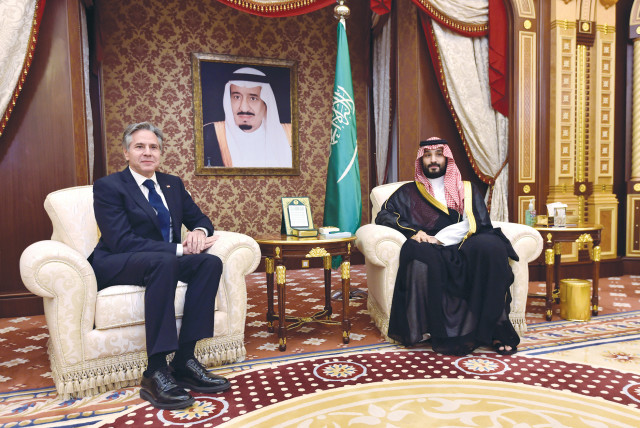  SAUDI CROWN Prince Mohammed bin Salman meets with US Secretary of State Antony Blinken in Jeddah, earlier this year. Washington and Riyadh need the peace accord as much or more than Israel does right now, the writer argues.  (credit: AMER HILABI/REUTERS)