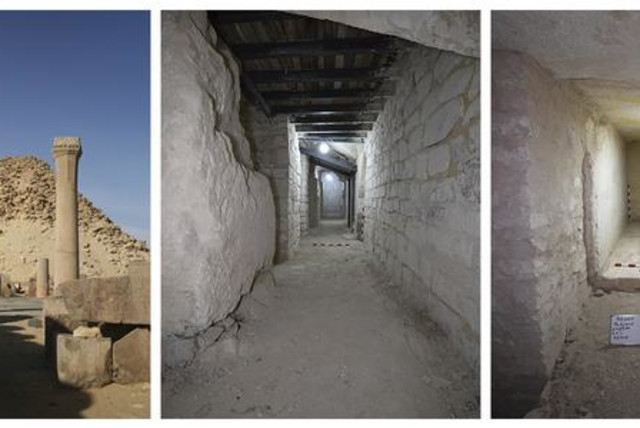 From left to right: Exterior view of the pyramid. A passage secured with steel beams. One of the discovered storage rooms. (credit: Mohamed Khaled)