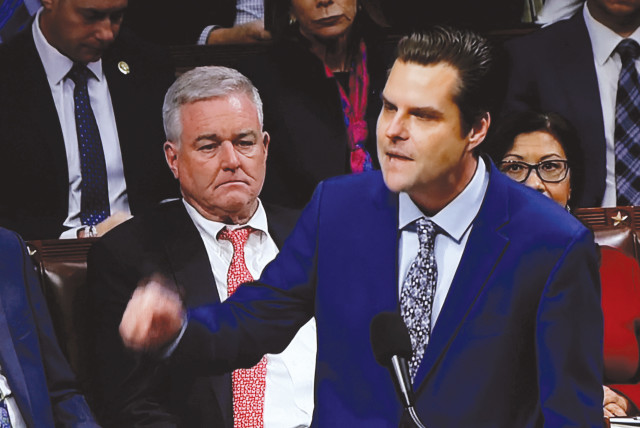  US REP. Matt Gaetz (R-Florida) speaks on the floor of the House of Representatives in favor of his motion to vacate the chair of then house speaker Kevin McCarthy (R-California) and end McCarthy’s continued leadership as Republican speaker of the House, on Tuesday (credit: C-SPAN/Reuters)