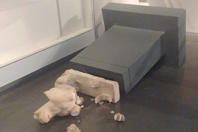 Broken statues are seen at the Israel Museum on October 5, 2023 (credit: ISRAEL POLICE)