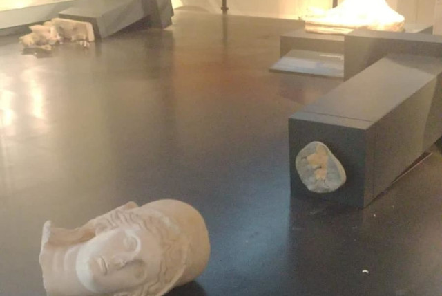 Broken statues are seen at the Israel Museum on October 5, 2023 (credit: ISRAEL POLICE)