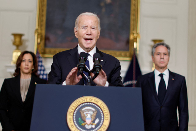  US PRESIDENT Joe Biden, accompanied by Vice President Kamala Harris and Secretary of State Antony Blinken, delivers remarks in support of Israel, at the White House, on Tuesday. (credit: JONATHAN ERNST/REUTERS)