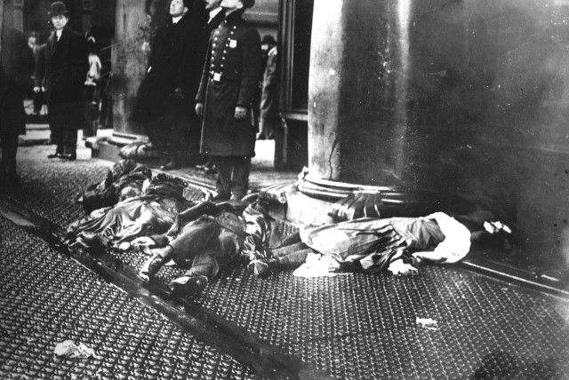  Bodies of workers who jumped from windows to escape the Triangle Shirtwaist Factory fire, March 25, 1911. (credit: Wikimedia Commons)
