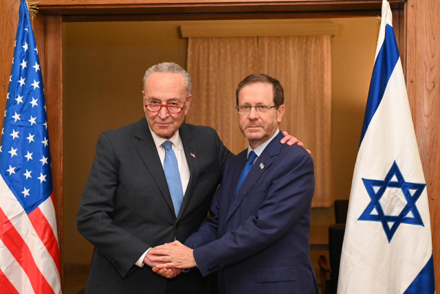  Majority Leader of the US Senate Chuck Schumer (left) with President Isaac Herzog. October 15, 2023 (credit: CHAIM TZACH/GPO)