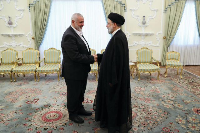  HAMAS LEADER Ismail Haniyeh meets Iran’s President Ebrahim Raisi in Tehran, in June. According to a recent poll, if elections were held in the Palestinian Authority, Haniyeh would defeat PA President Mahmoud Abbas. (credit: Iran's Presidency/West Asia News Agency/Reuters)