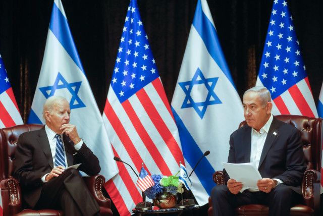  Israeli Prime Minister Benjamin Netanyahu meets with United States President Joe Biden in Tel Aviv, October 18, 2023.  (credit: MIRIAM ALSTER/FLASH90)
