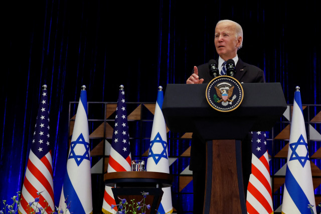 US President Joe Biden delivers remarks as he visits Israel amid the ongoing conflict between Israel and Hamas, in Tel Aviv, Israel, October 18, 2023. (credit: EVELYN HOCKSTEIN/REUTERS)
