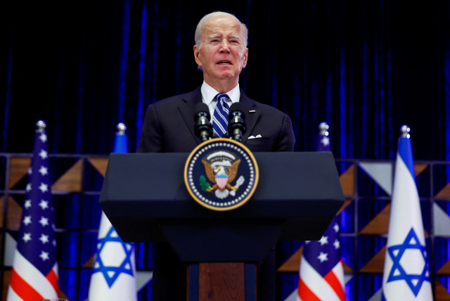  U.S. President Joe Biden delivers remarks as he visits Israel amid the ongoing conflict between Israel and Hamas, in Tel Aviv, Israel, October 18, 2023. (credit: REUTERS/EVELYN HOCKSTEIN)