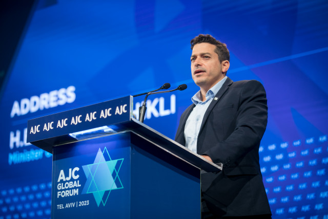  Israeli minister of Diaspora Affairs Amichai Chikli speaks at the AJC Global Forum in Tel Aviv, on June 14, 2023. (credit: MIRIAM ALSTER/FLASH90)