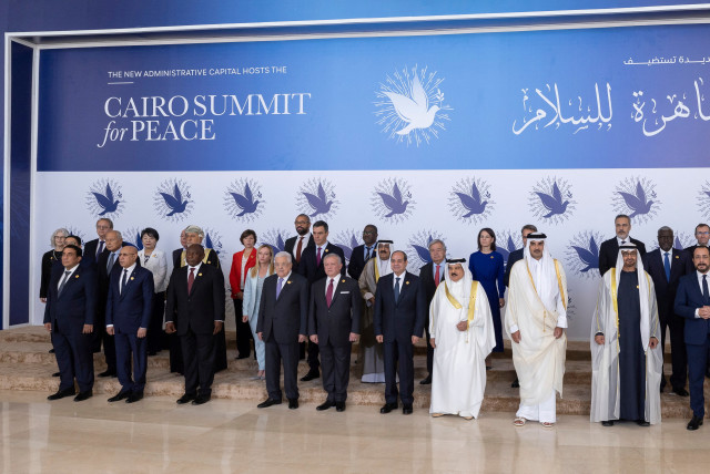 Sheikh Mohamed bin Zayed Al Nahyan, President of the United Arab Emirates stands for a photograph, during the Cairo Summit for Peace, with Charles Michel, President of the European Council, Nikos Christodoulides, President of Cyprus, Sheikh Tamim bin Hamad Al Thani, Emir of Qatar, King Hamad bin Isa (credit: Hamad Al Kaabi/UAE Presidential Court/Handout via REUTERS)