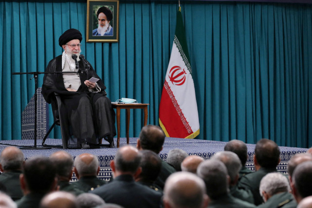  IRAN’S SUPREME Leader Ayatollah Ali Khamenei speaks to commanders and other members of the Islamic Revolutionary Guard Corps in Tehran, in August. (credit: Office of the Iranian Supreme Leader/West Asia News Agency/Reuters)