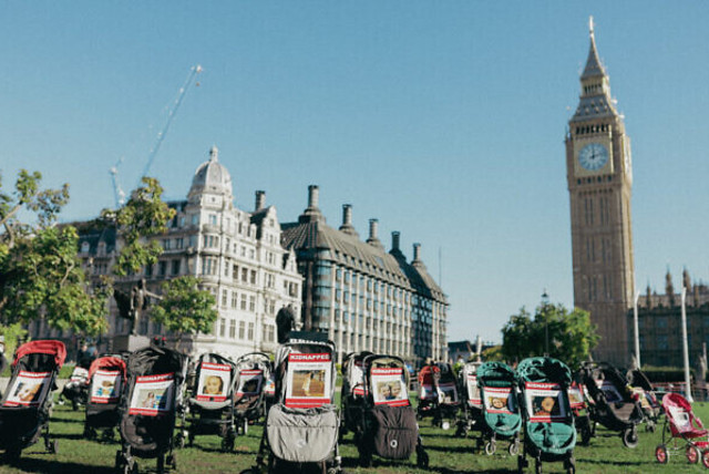  Demonstration in London uses strollers to highlight Hamas's child kidnapping, October 22, 2023. (credit: Omri Dagan, courtesy of the Jewish News)