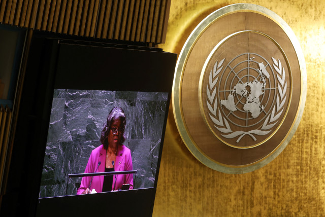  US Ambassador to the United Nations Linda Thomas-Greenfield is pictured on a video display as she speaks to an emergency special session of the UN General Assembly in New York City, US, October 27, 2023 (credit: REUTERS/MIKE SEGAR)
