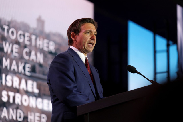  Republican presidential candidate, Florida Governor Ron DeSantis, delivers remarks at the annual Christians United for Israel Summit (CUFI), at the Crystal Gateway Marriott in Arlington, Virginia, U.S., July 17, 2023.  (credit: REUTERS/Kevin Wurm)